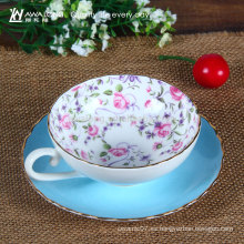 Azul claro Rose que dibuja la taza fina de la taza y del platillo de café de la venta caliente de la porcelana, taza de café del té